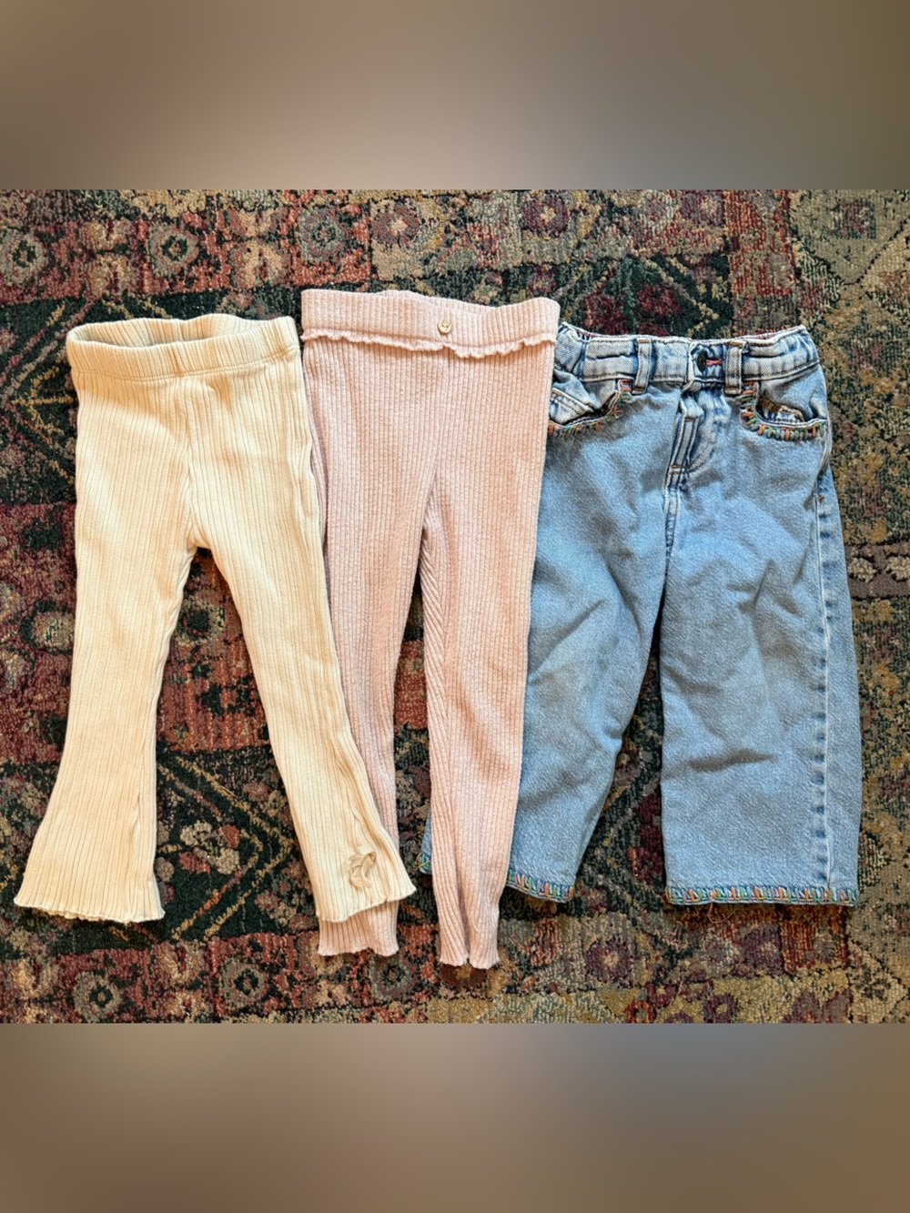 Zara Girls Ribbed Leggings Trio - Pink, Cream & Light Blue Denim